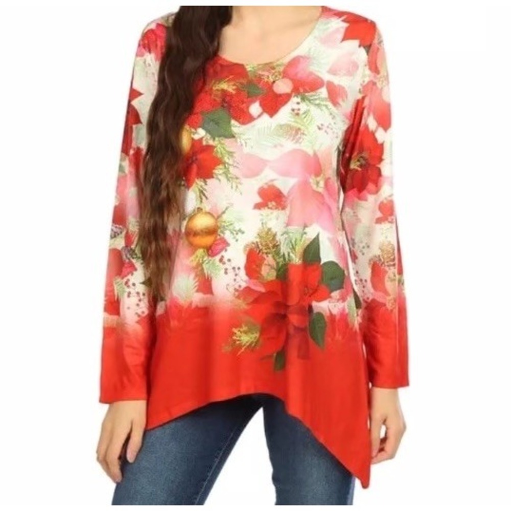 One World Christmas Poinsettia Tunic Top Womens XL Red Holiday Sharkbite Knit